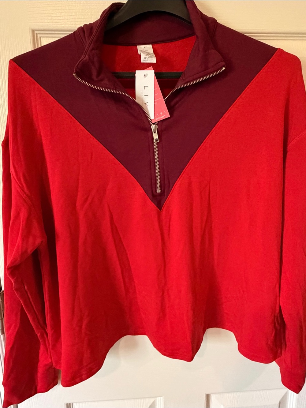 Lane Bryant Red and Burgundy Colorblock Half-Zip Pullover